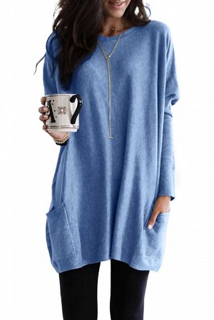 Голубой длинный пуловер-свитшот с карманами