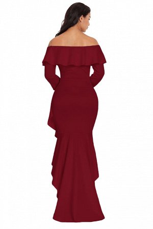 Бордовое платье-русалка с воланами и асимметричной юбкой