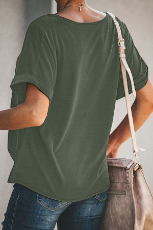 Зеленая свободная блуза с короткими рукавами и узлом снизу