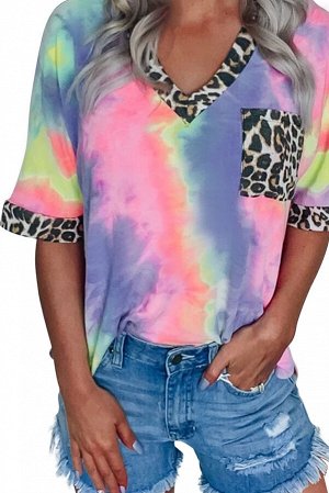 Радужно-неоновая блуза с гипнотическим принтом и леопардовой отделкой