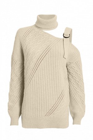 Бежевый вязаный свитер с воротом под горло и открытым плечом
