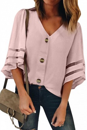 Розовая блуза с застежкой на пуговицы и прозрачными полосами на рукавах