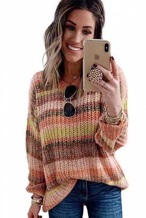 Оранжевый вязаный свободный свитер в разноцветную полоску