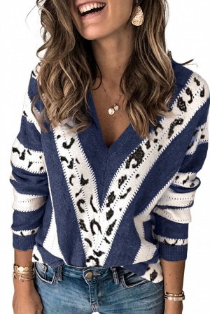 Сине-белый свитер-пуловер с V-образным вырезом и полоскам с леопардовым принтом