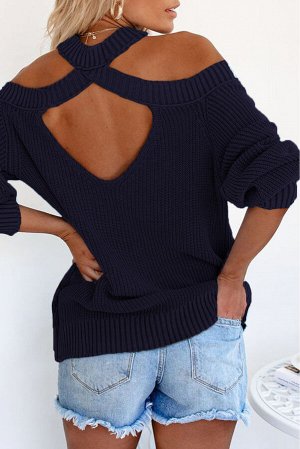 Темно-синий вязаный свитер с открытыми плечами и спиной