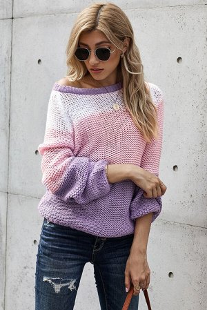 Фиолетовый вязаный свитер с розовыми и белыми вставками