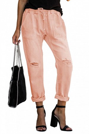Розовые джинсовые джоггеры с разрезами и карманами