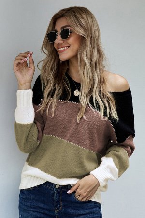 Коричневый теплый свитер с разноцветными полосами