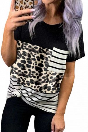 Черная футболка с полосатыми и леопардовыми вставками и карманом на груди