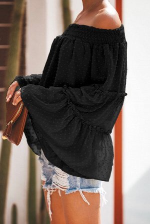 Черная в горошек блуза-крестьянка с расклешенными рукавами с воланами