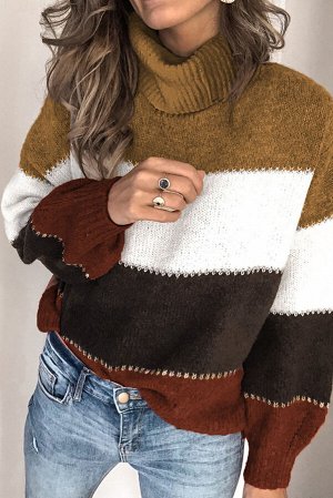 Коричневый вязаный свитер с воротником под горло в разноцветную полоску