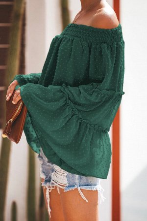 Темно-зеленая в горошек блуза-крестьянка с расклешенными рукавами с воланами