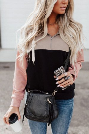 Черный пуловер-худи с воротником на молнии и розовыми рукавами