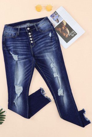 Синий потертые джинсы с высокой посадкой и разрезами