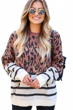 Черно-белый полосатый свитер оверсайз с коричневым леопардовым принтом