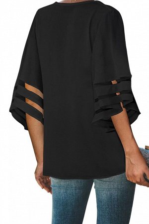 Черная блуза с застежкой на пуговицы и прозрачными полосами на рукавах