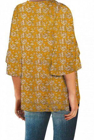 Горчичная свободная блуза с широкими рукавами и цветочным принтом