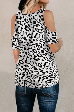 Белая блуза с леопардовым принтом, вырезами на плечах и узлом на талии