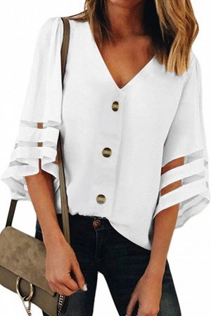 Белая блуза с застежкой на пуговицы и прозрачными полосами на рукавах