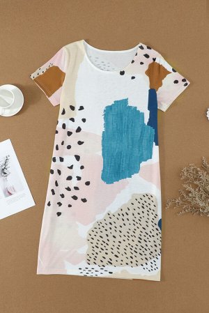 VitoRicci Бежевое платье-футболка с разноцветными вставками и леопардовым принтом