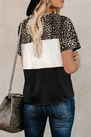 Черно-бело-леопардовая блуза блочной расцветки с узлом спереди