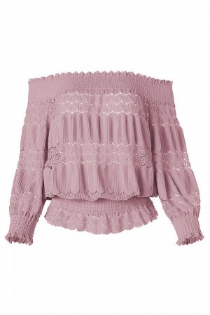 Розовая кружевная блузка со сборками и открытыми плечами