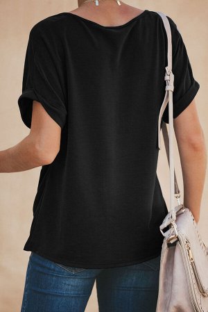 Черная свободная блуза с короткими рукавами и узлом снизу