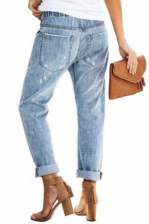 Голубые джинсы-джоггеры на шнурке с карманами и потертостями