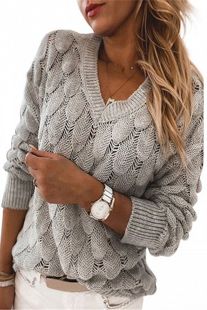 Серый вязаный свитер крупной вязки "под перья" с V-образным вырезом