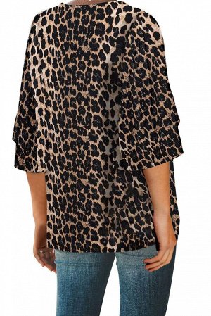 Коричнево-леопардовая свободная блуза с V-образным вырезом и широкими рукавами