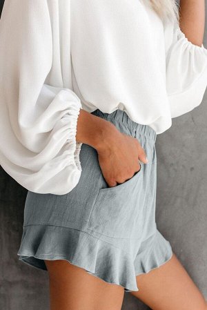 Серые свободные шорты на резинке с оборками и накладными карманами