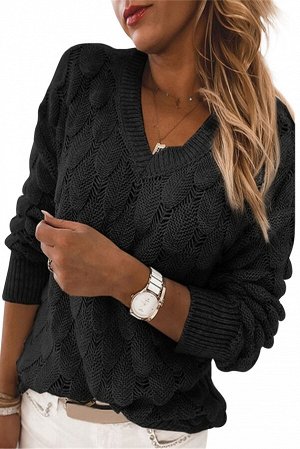 Черный вязаный свитер крупной вязки "под перья" с V-образным вырезом