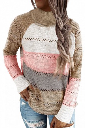 Коричневый пуловер-свитер с воротником под горло и разноцветными полосами