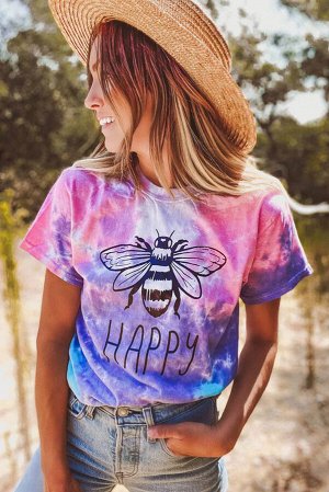 Фиолетово-розовая футболка с принтом пчела и надписью: Happy