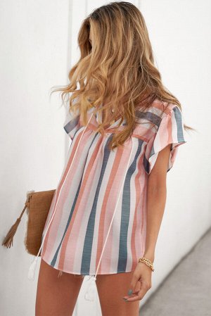 Розовая блуза в разноцветную полоску с рюшами и V-образным вырезом на шнуровке