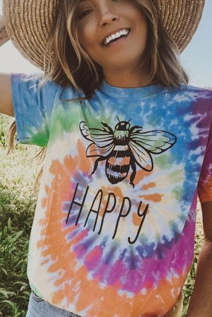 Оранжево-голубая футболка с принтом пчела и надписью: Happy