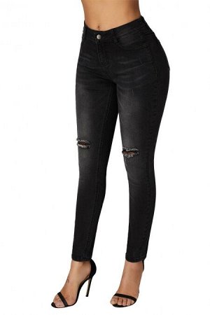 Черные джинсы-скинни с высокой посадкой и разрезами на коленях