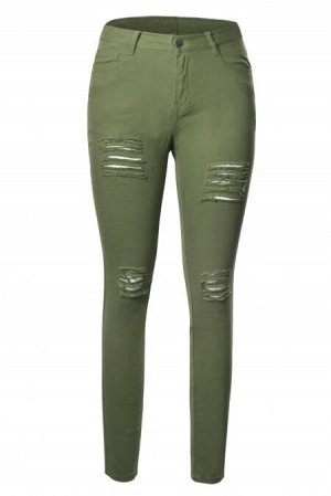 Зеленые стрейчевые джинсы с разрезами спереди