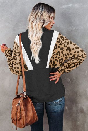 Черно-белый пуловер-свитшот с воротником на молнии и леопардовыми рукавами