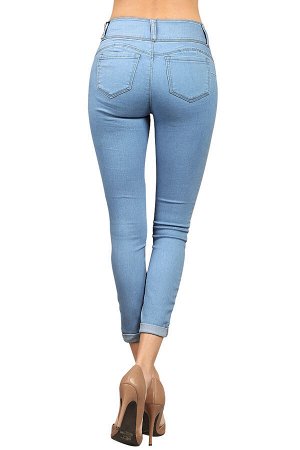Голубые джинсы-скинни с широким поясом на пуговицах