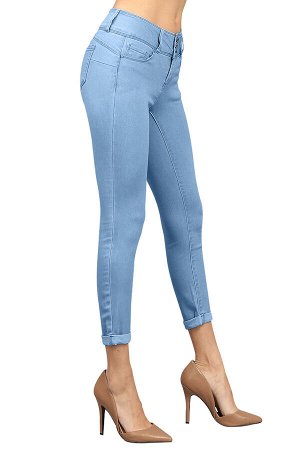 Голубые джинсы-скинни с широким поясом на пуговицах