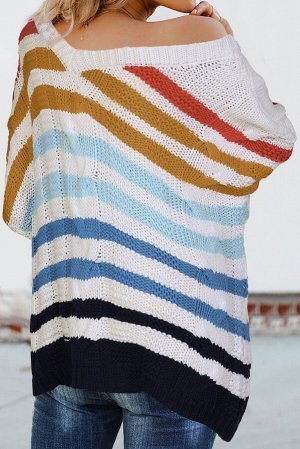 Белый вязаный свитер оверсайз с V-образным вырезом в разноцветную полоску