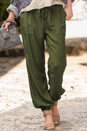 Зеленые повседневные штаны с эластичным поясом на шнуровке и карманами
