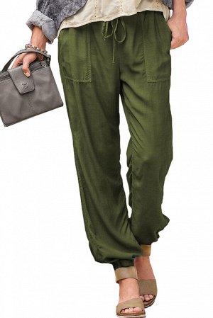 Зеленые повседневные штаны с эластичным поясом на шнуровке и карманами