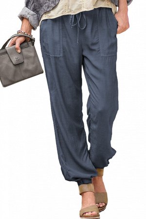 Синие повседневные штаны с эластичным поясом на шнуровке и карманами