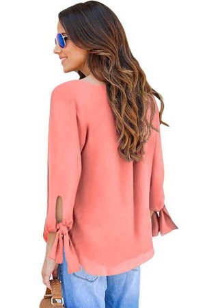 Розовая свободная блуза с запахом и завязками на рукавах