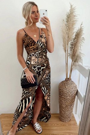 Леопардовое вечернее платье с запахом и разрезом