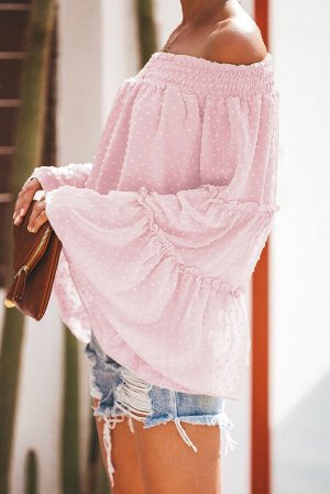 Розовая в горошек блуза-крестьянка с расклешенными рукавами с воланами