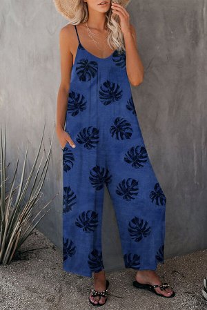 Сине-черный свободный комбинезон на бретельках с широкими штанинами и принтом пальмовые листья