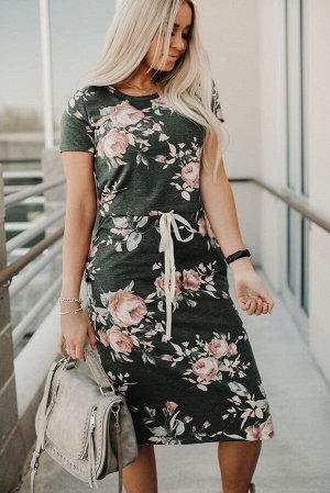 Темно-серое платье-футболка с цветочным принтом и поясом на талии
